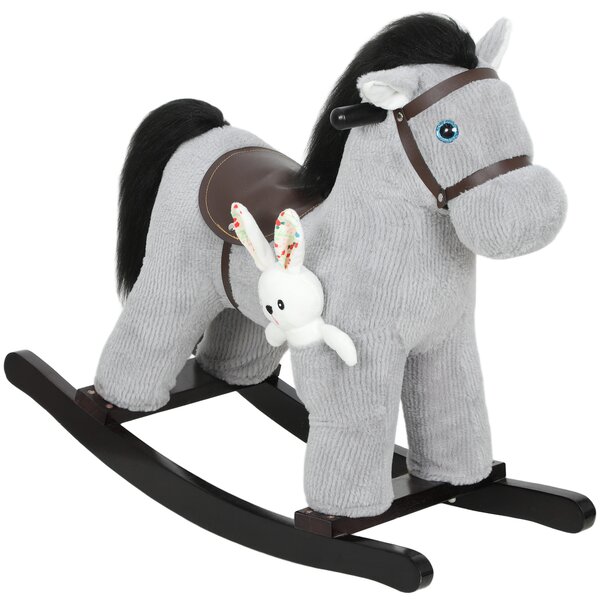 AIYAPLAY Cavallo a Dondolo con Suoni per Bambini da 2-5 Anni e Animale di Peluche Incluso, Legno e Acciaio, Grigio | Aosom Italy