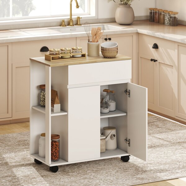HOMCOM Carrello Cucina con Cassetto, Armadietto e 2 Ripiani Laterali, in Legno, 78x39.5x88.5 cm, Bianco e Rovere | Aosom Italy
