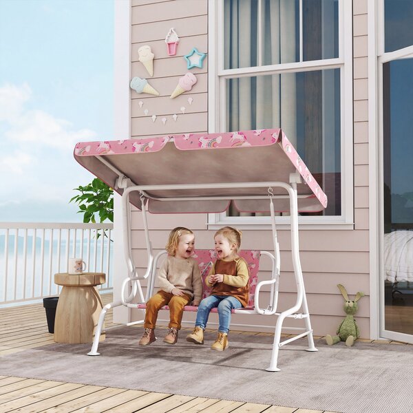 AIYAPLAY Dondolo per Bambini a 2 Posti con Tettuccio e Cinture, in Acciaio e Tessuto Oxford, 112x75x120 cm, Rosa | Aosom Italy