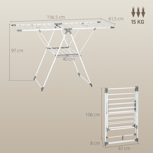 HOMCOM Stendibiancheria a 2 Livelli Regolabile su 4 Altezze, in Metallo e Plastica, 156.5x61.5x97 cm, Bianco | Aosom Italy