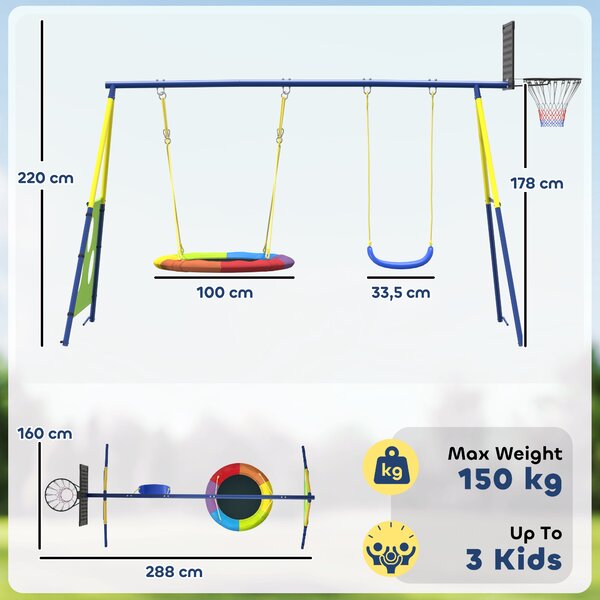 AIYAPLAY Set Altalena da Giardino Giochi Esterno 4 in 1 288x160x220cm Multicolore | Aosom Italy
