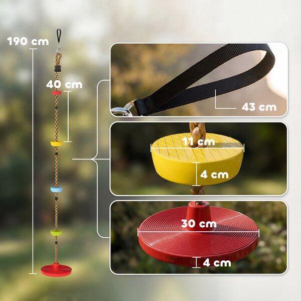 AIYAPLAY Corda Arrampicata da Giardino per Bambini con Pedane e Seduta a Disco, in HDPE e PE, Rosso | Aosom Italy