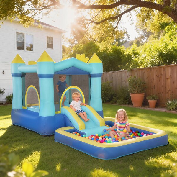 AIYAPLAY Castello Gonfiabile per Bambini 4 in 1, Scivolo, Trampolino, Piscina Palline/Acqua, Canestro, 3-8 Anni, Blu | Aosom Italy