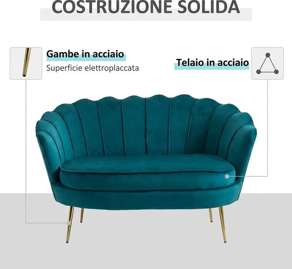 DecHome Divano 2 Posti Contemporaneo Luxury in Velluto Dimensioni 130x77x77 cm colore Alzavola