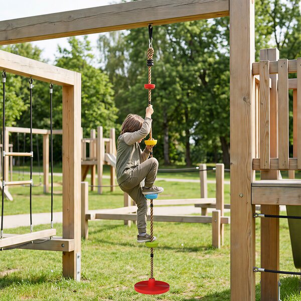 AIYAPLAY Corda Arrampicata da Giardino per Bambini con Pedane e Seduta a Disco, in HDPE e PE, Rosso | Aosom Italy