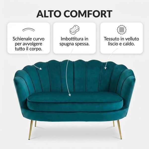 DecHome Divano 2 Posti Contemporaneo Luxury in Velluto Dimensioni 130x77x77 cm colore Alzavola