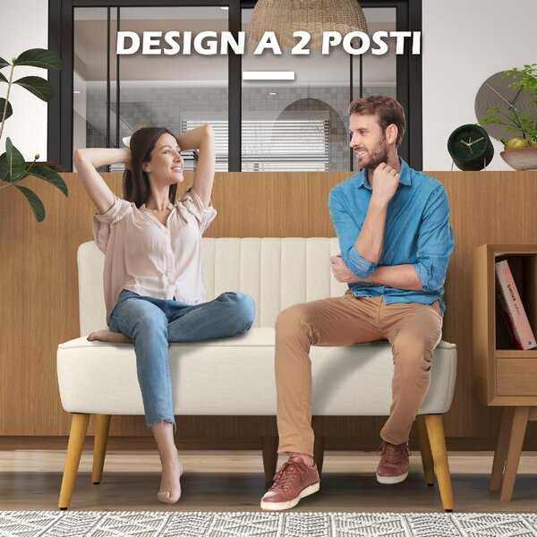 DecHome Divano 2 Posti Contemporaneo Luxury in Tessuto Effetto Lino Dimensioni 117x56.5x77 cm colore Bianco Crema