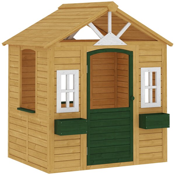 AIYAPLAY Casetta da Giardino per Bambini in Legno di Abete con Finestre, 2 Fioriere, Porta e Tetto, 3-8 Anni, Marrone | Aosom Italy