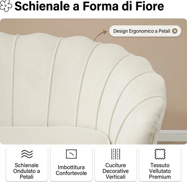 DecHome Divano 2 Posti Contemporaneo Luxury in Velluto Dimensioni 130x77x77 cm colore Crema