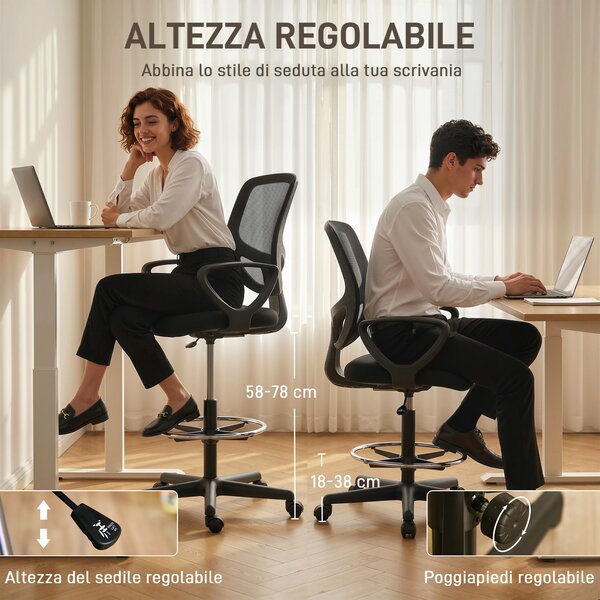 HOMCOM Sedia Ufficio Ergonomica Girevole in Rete Traspirante con Anello Poggiapiedi e Altezza Regolabile, Nero | Aosom Italy