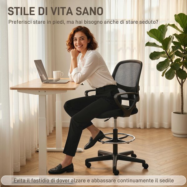 HOMCOM Sedia Ufficio Ergonomica Girevole in Rete Traspirante con Anello Poggiapiedi e Altezza Regolabile, Nero | Aosom Italy