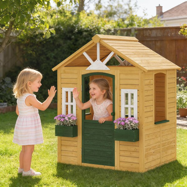 AIYAPLAY Casetta da Giardino per Bambini in Legno di Abete con Finestre, 2 Fioriere, Porta e Tetto, 3-8 Anni, Marrone | Aosom Italy