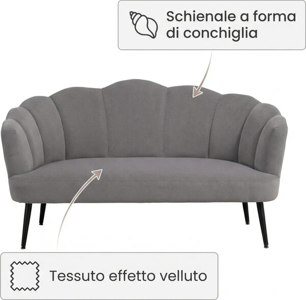 DecHome Divano 2 Posti Contemporaneo Luxury in Velluto Dimensioni 132x66x80 cm colore Grigio