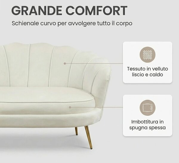 DecHome Divano 2 Posti Contemporaneo Luxury in Velluto Dimensioni 130x77x77 cm colore Crema