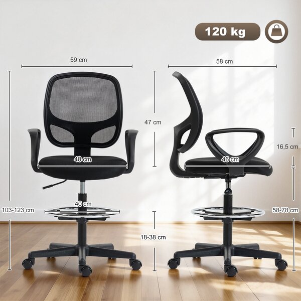 HOMCOM Sedia Ufficio Ergonomica Girevole in Rete Traspirante con Anello Poggiapiedi e Altezza Regolabile, Nero | Aosom Italy