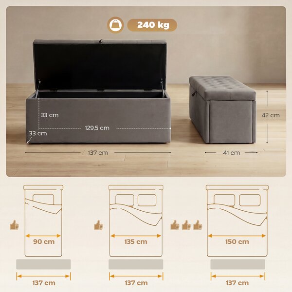 HOMCOM Cassapanca in Velluto140L con Seduta Ampia Imbottita, Capacità 240kg, Camera da Letto Soggiorno Ingresso, Grigio | Aosom Italy