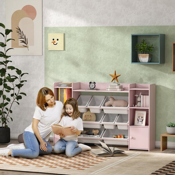 AIYAPLAY Scaffale Portagiochi per Bambini con 8 Contenitori Rimovibili e Armadietti, 140x30x90 cm, Rosa | Aosom Italy