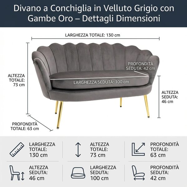 DecHome Divano 2 Posti Contemporaneo Luxury in Velluto Dimensioni 133x63x75 cm colore Grigio