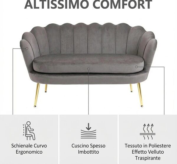 DecHome Divano 2 Posti Contemporaneo Luxury in Velluto Dimensioni 133x63x75 cm colore Grigio