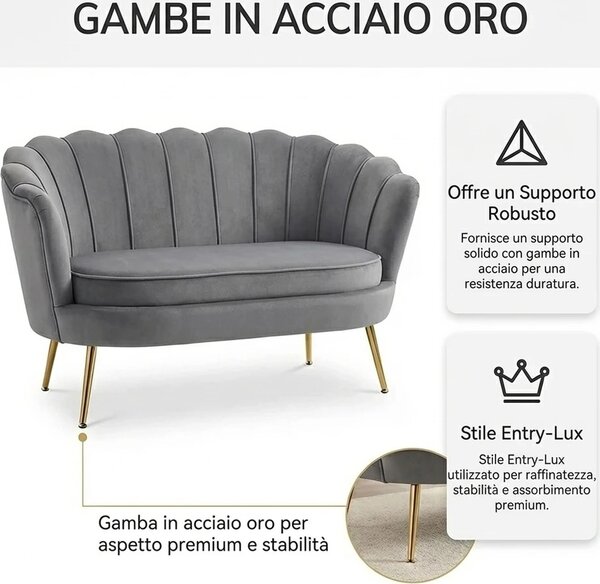 DecHome Divano 2 Posti Contemporaneo Luxury in Velluto Dimensioni 133x63x75 cm colore Grigio