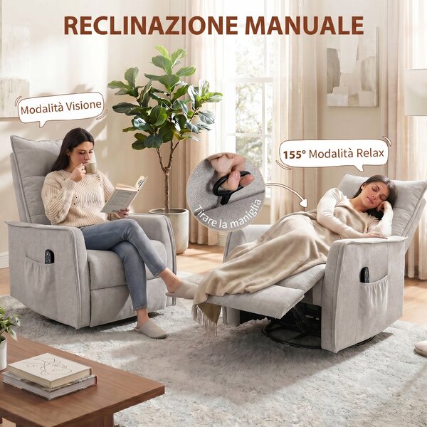 HOMCOM Poltrona Massaggiante Reclinabile Riscaldante Girevole in Ciniglia con Poggiapiedi e Telecomando, Grigio Chiaro | Aosom Italy