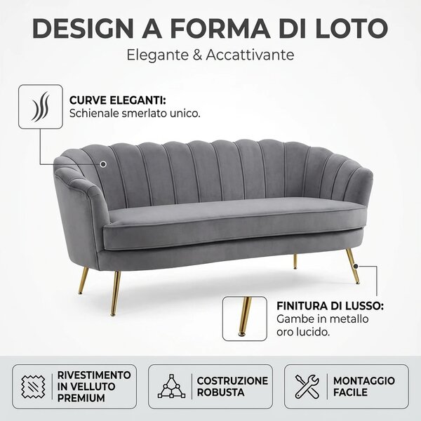 DecHome Divano 2 Posti Contemporaneo Luxury in Velluto Dimensioni 133x63x75 cm colore Grigio