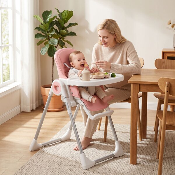 AIYAPLAY Seggiolone Pappa Pieghevole per Bambini 6-36 Mesi con Altezza Regolabile, Doppio Vassoio Lavabile, Ruote, Rosa | Aosom Italy