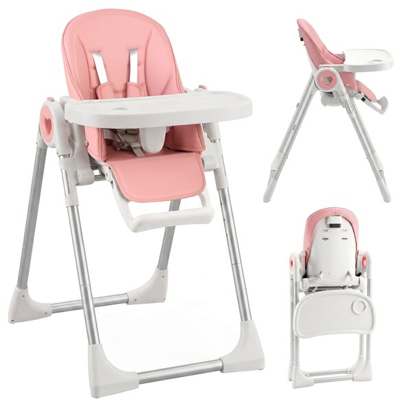 AIYAPLAY Seggiolone Pappa Pieghevole per Bambini 6-36 Mesi con Altezza Regolabile, Doppio Vassoio Lavabile, Ruote, Rosa | Aosom Italy