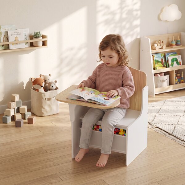 AIYAPLAY Set Tavolo e Sedia per Bambini 3-5 Anni in Legno MDF con Motivi a Cuore, Contenitore Integrato, Bianco | Aosom Italy