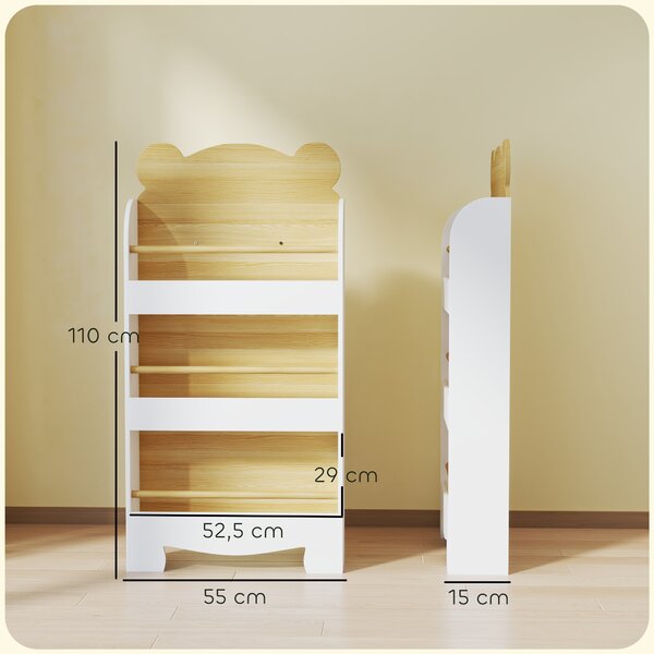 AIYAPLAY Libreria per Bambini con 3 Ripiani a Forma di Orsetto con Barriere Frontali, 55x15x110 cm, Color Legno | Aosom Italy