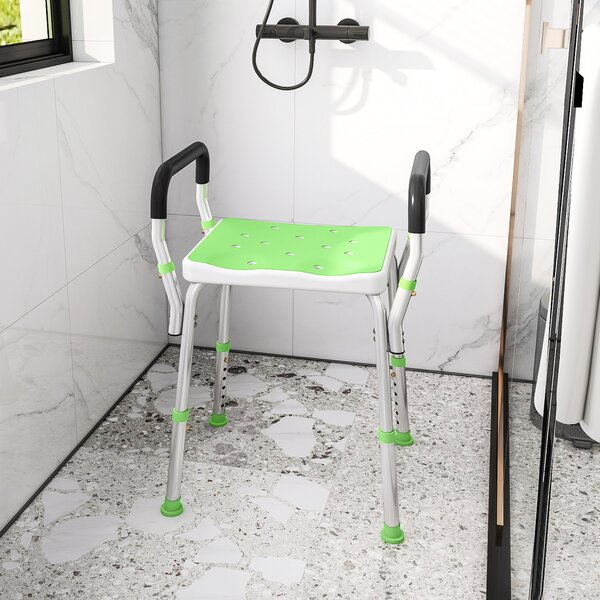 HOMCOM Sgabello Doccia in Alluminio ad Altezza Regolabile con Braccioli e Piedini Antiscivolo, Verde | Aosom Italy