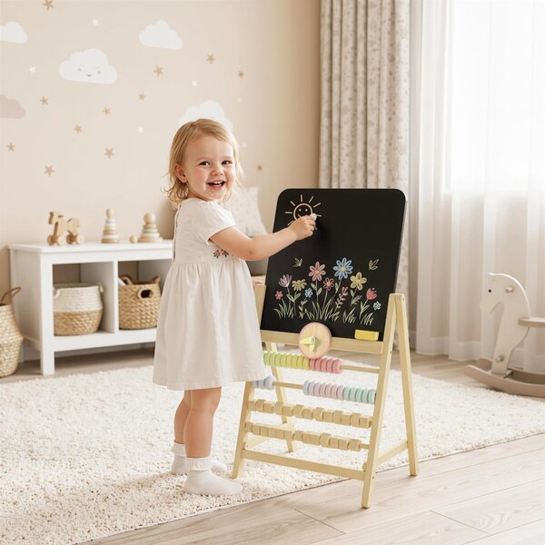 AIYAPLAY Lavagna per Bambini Cancellabile in Legno con Cavalletto, Orologio, Abaco, Cancellino, 2+ Anni, Color Legno | Aosom Italy