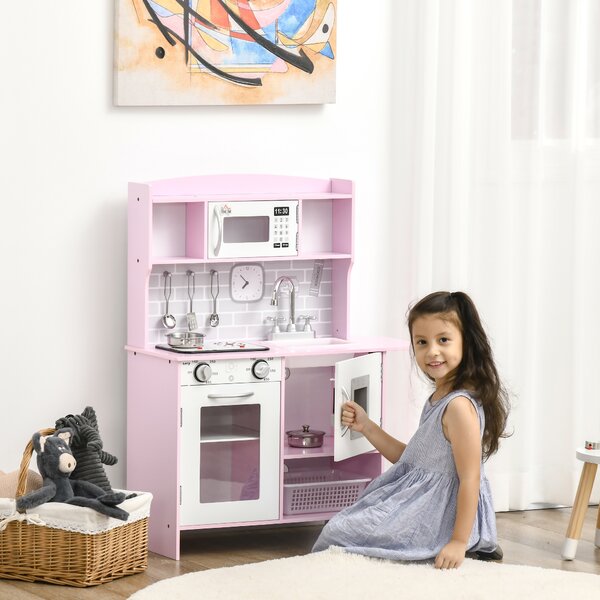 HOMCOM Cucina Giocattolo per Bambini con Fornelli, Luci e Suoni, Microonde, Età 3-6 Anni, Rosa | Aosom Italy