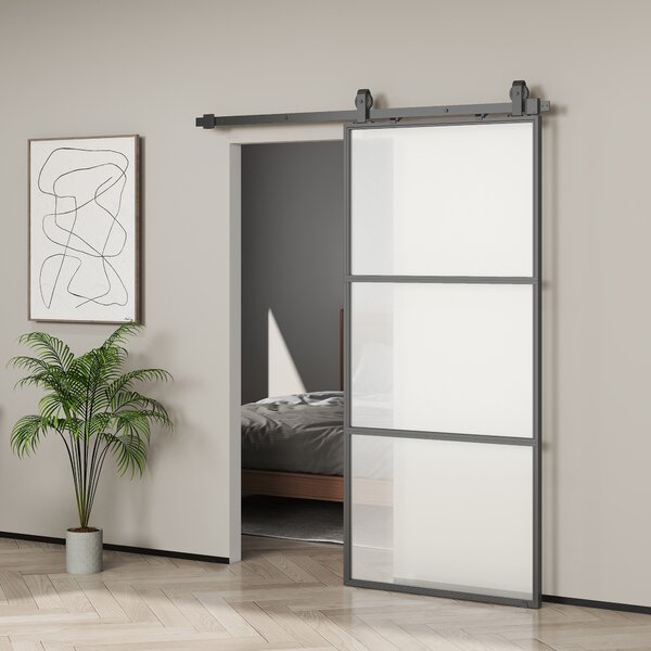 HOMCOM Porta scorrevole esterna muro in vetro satinato con soft-close, 91.4x203.2 cm | Aosom Italy