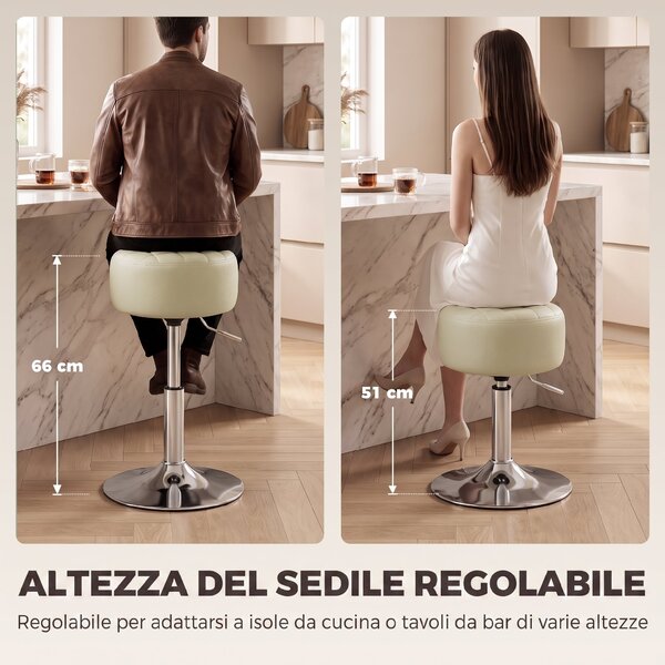 HOMCOM Sgabello Bar in Pelle PU con Altezza Regolabile, Seduta Morbida Spessa, Girevole a 360°, per Penisola, Bianco | Aosom Italy
