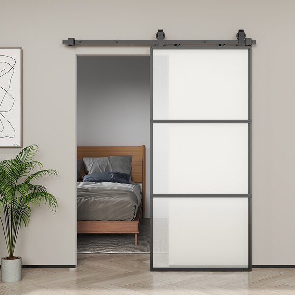 HOMCOM Porta scorrevole esterna muro in vetro satinato con soft-close, 91.4x203.2 cm | Aosom Italy