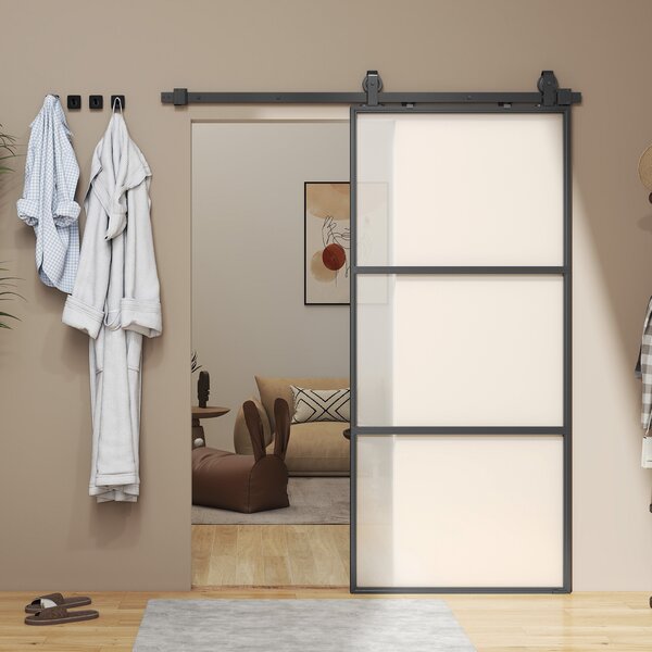 HOMCOM Porta scorrevole esterna muro in vetro satinato con soft-close, 91.4x203.2 cm | Aosom Italy