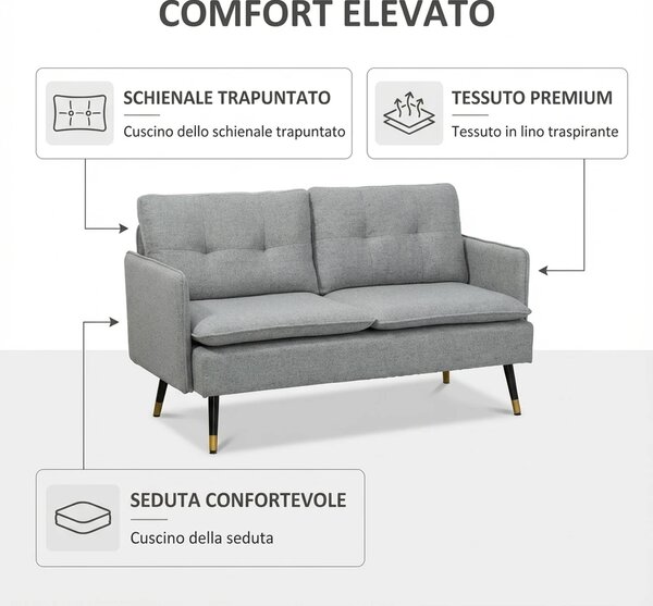DecHome Divano 2 Posti Moderno in Tessuto effetto Lino Dimensioni 139x68x80 cm colore Grigio