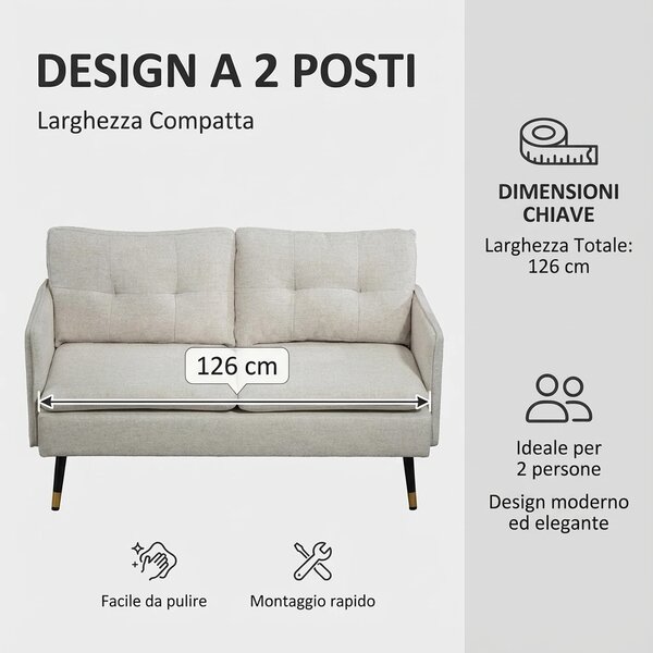 DecHome Divano 2 Posti Moderno in Tessuto Effetto Lino Dimensioni 139x68x80 cm colore Bianco Crema - Vintage
