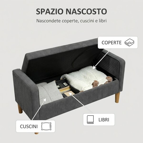 DecHome Divano 2 Posti Moderno Vano Contenitore in Velluto Dimensioni 140x63x79 cm colore Grigio