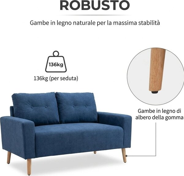 DecHome Divano 2 Posti Scandinavo in Tessuto Dimensioni 145x76x88 cm colore Blu
