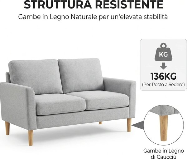 DecHome Divano 2 Posti Scandinavo in Tessuto Dimensioni 145x76x88 cm colore Grigio