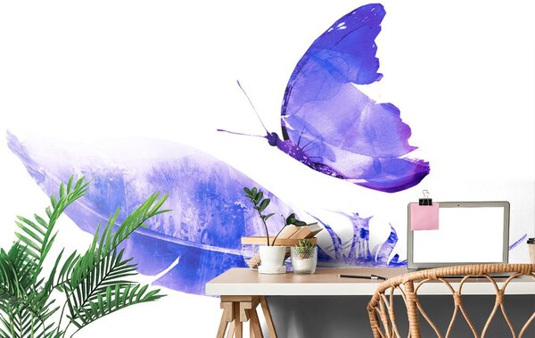 Carta da parati – Piuma con farfalla in stile viola