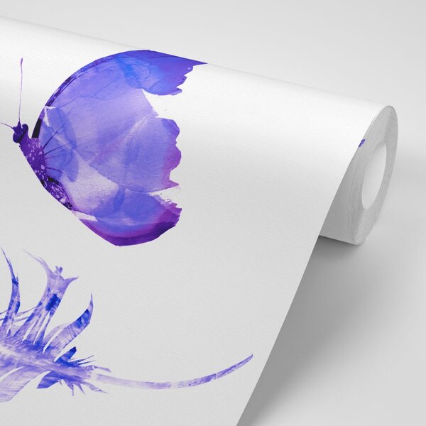 Carta da parati – Piuma con farfalla in stile viola