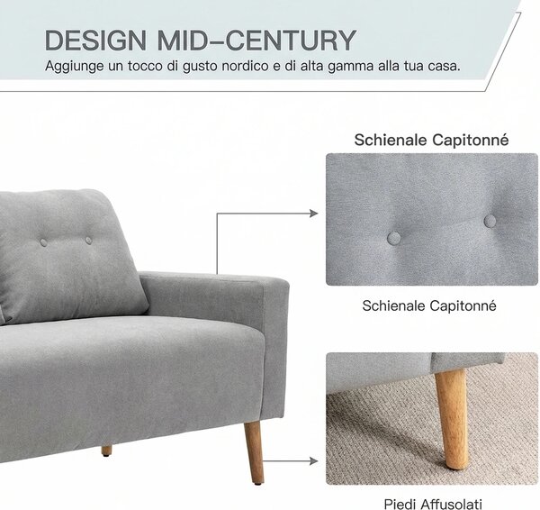 DecHome Divano 2 Posti Scandinavo in Tessuto Dimensioni 145x76x88 cm colore Grigio