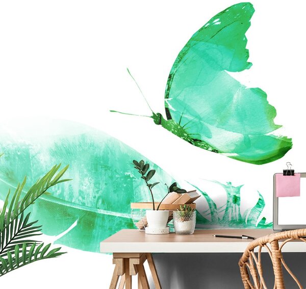 Carta da parati – Piuma con farfalla in stile verde