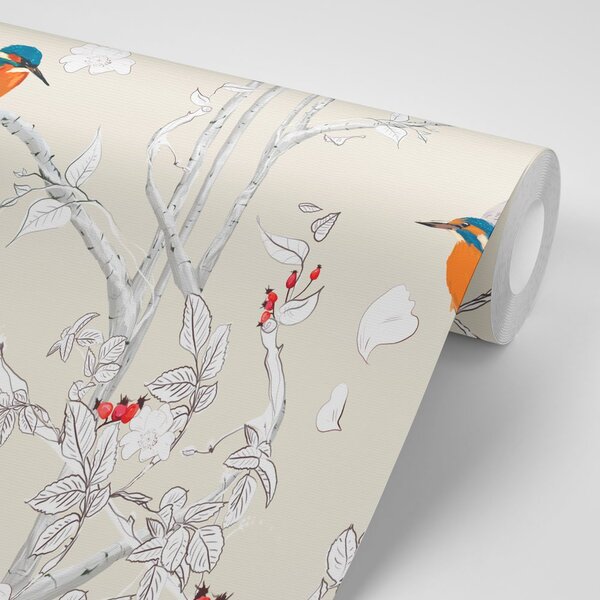 Carta da parati – Uccellini nella foresta fitta con sfondo beige