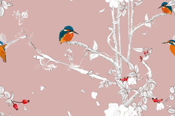 Carta da parati – Uccellini nella foresta fitta con sfondo rosa