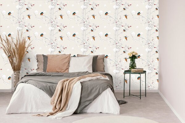 Carta da parati – Uccellini nella foresta fitta con sfondo beige