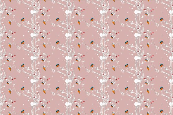 Carta da parati – Uccellini nella foresta fitta con sfondo rosa
